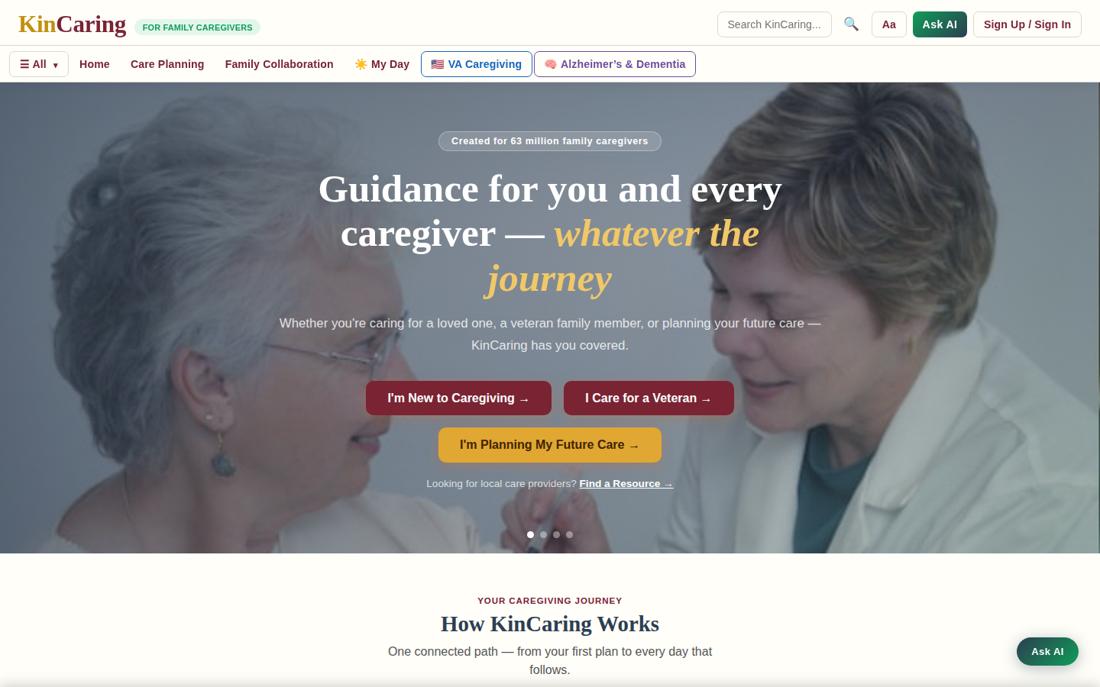 KinCaring homepage on desktop